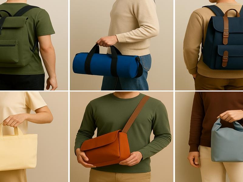 A collage of six photos shows different people carrying various waterproof canvas bags, including a backpack, duffel bag, messenger bag, tote, laptop sleeve, and dry bag. Each person is seen from the back or side.