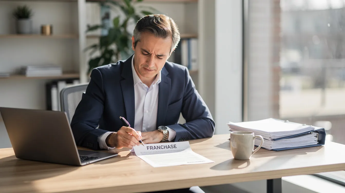 A business owner sits at a desk bathed in natural light, intently reviewing franchise documents related to a green home solutions franchise. The scene reflects a commitment to eco-friendly practices and the potential for a profitable business through improved indoor air quality and ongoing support from the franchise development team.