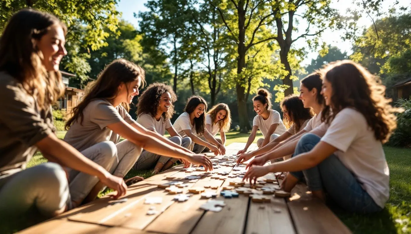 Gruppen von Menschen, die an verschiedenen Kennenlernspielen teilnehmen. Die Teilnehmer, darunter Schüler und Erwachsene, lachen und interagieren, während sie Namen lernen und den Teamgeist fördern.