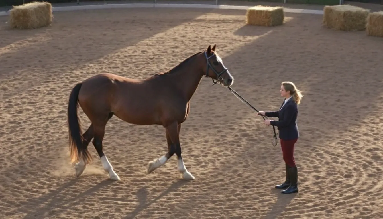 In der Mitte eines Kreises steht ein Longenführer, der ein Pferd korrekt an der Longe führt. Das Pferd bewegt sich in einem gleichmäßigen Schritt und zeigt eine entspannte Haltung, während der Longenführer mit gezielter Körpersprache und Hilfen arbeitet, um die Ausbildung des Pferdes zu unterstützen.