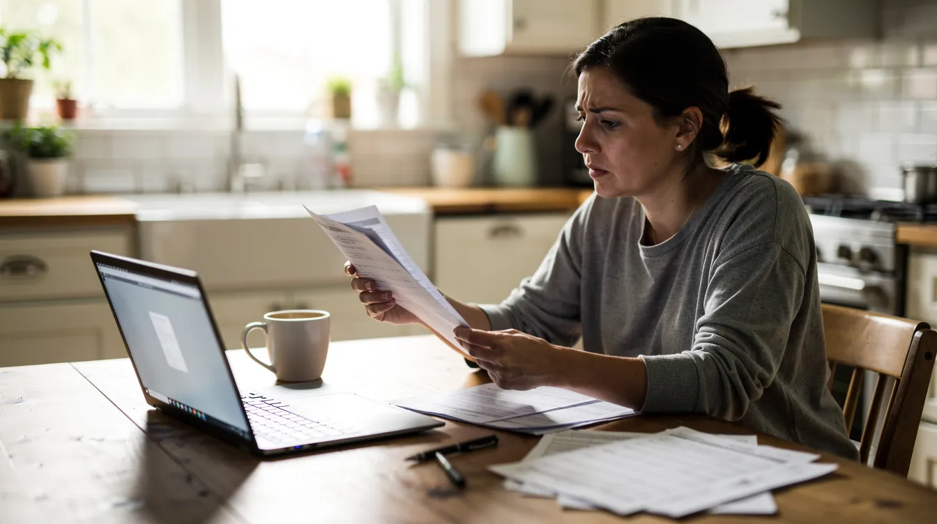 A parent is seated at a kitchen table, reviewing paperwork related to child support and spousal support, with a laptop nearby for accessing necessary documents. The scene conveys a sense of organization and focus as they prepare to complete forms for a court motion.