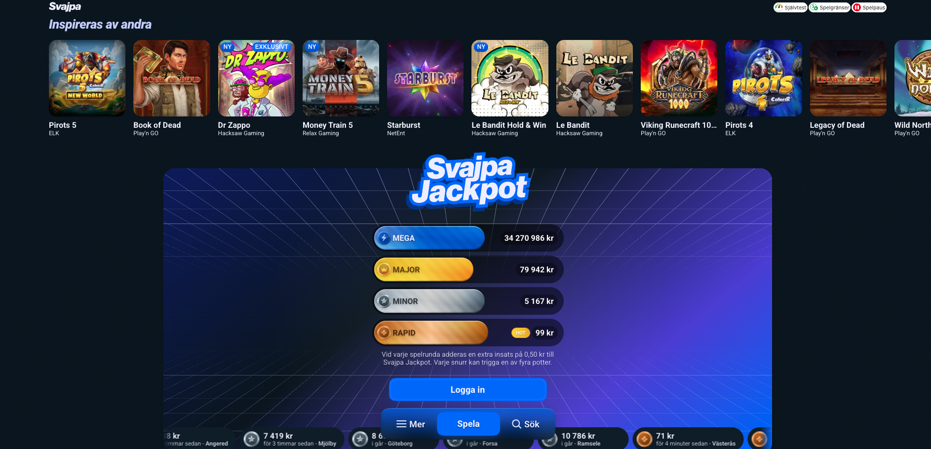 Skärmbild från ett online casino med slots, spelkategorier och jackpottar i svenska kronor (SEK).