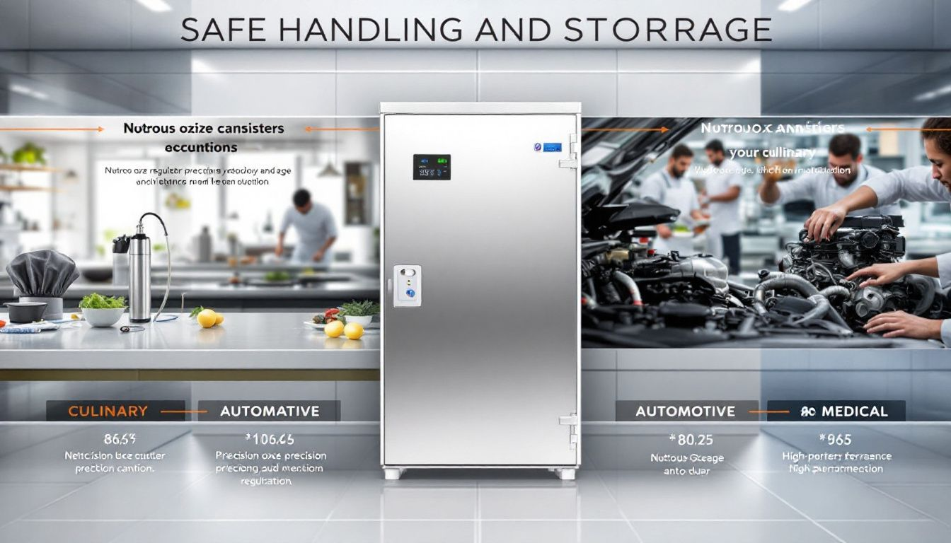 A safe handling and storage setup for nitrous oxide canisters.