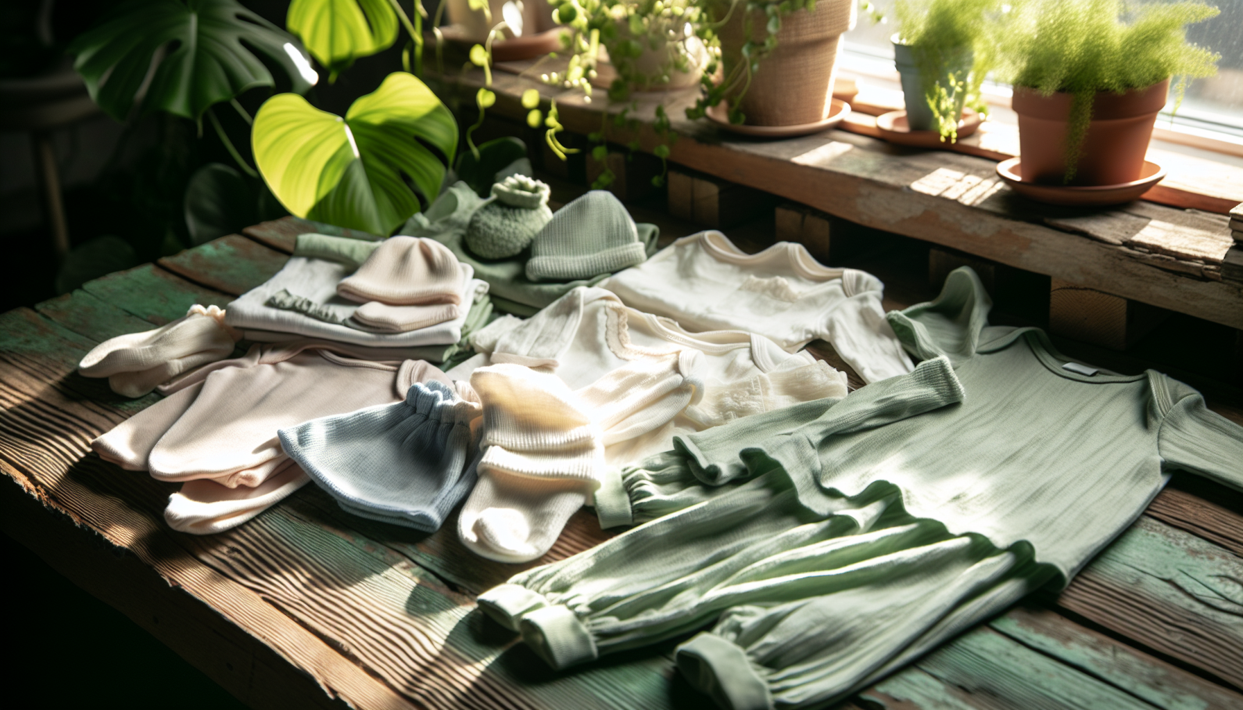 Organic cotton baby clothing displayed in a natural setting
