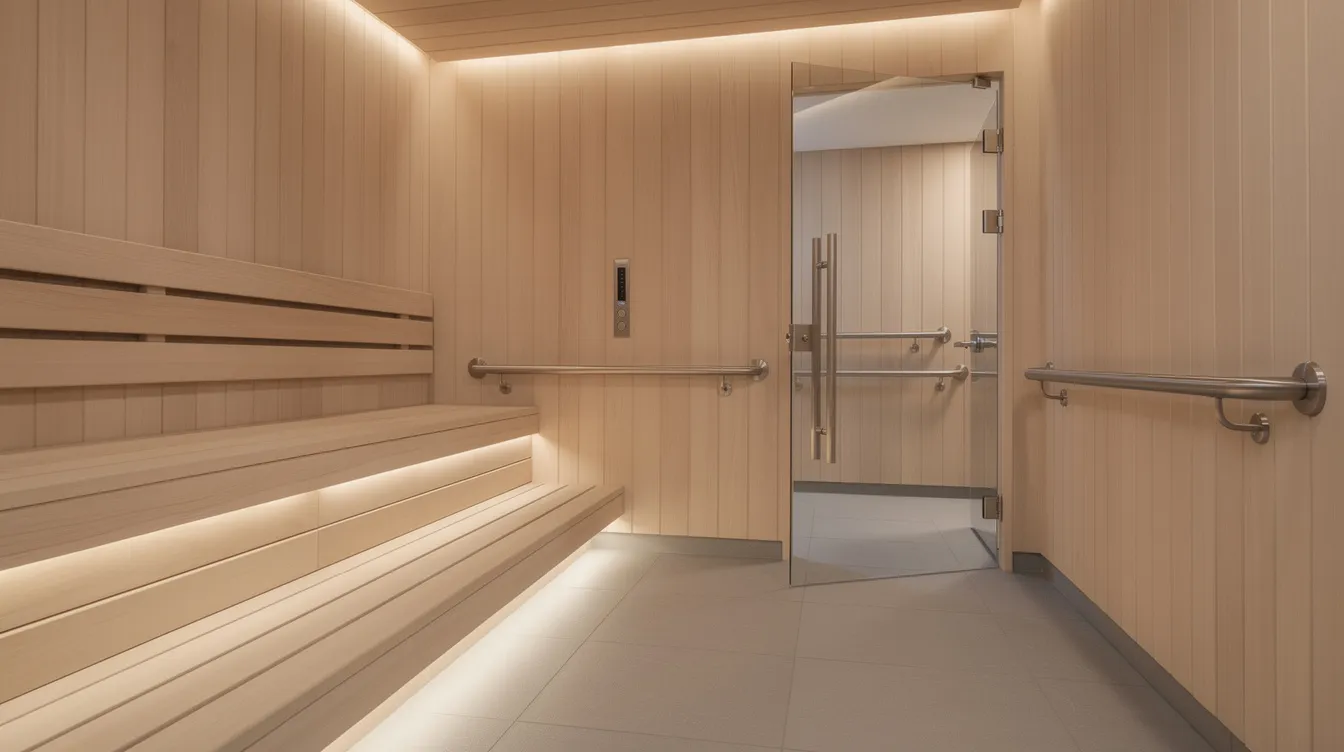 The image depicts an accessible indoor sauna featuring wide pathways and grab bars for easy movement, complemented by well-positioned lighting and wooden benches. Large windows allow ample natural light to fill the sauna room, enhancing the relaxing atmosphere while ensuring proper ventilation.