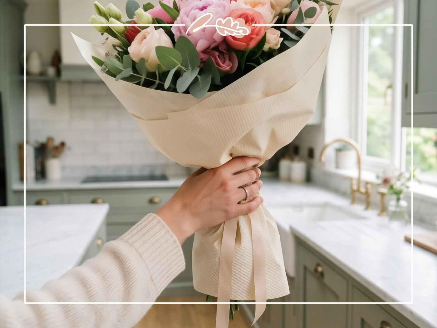 Close-up of a peonies South Africa hand-tied bouquet wrapped in cream paper, by Fabulous Flowers Cape Town florist
