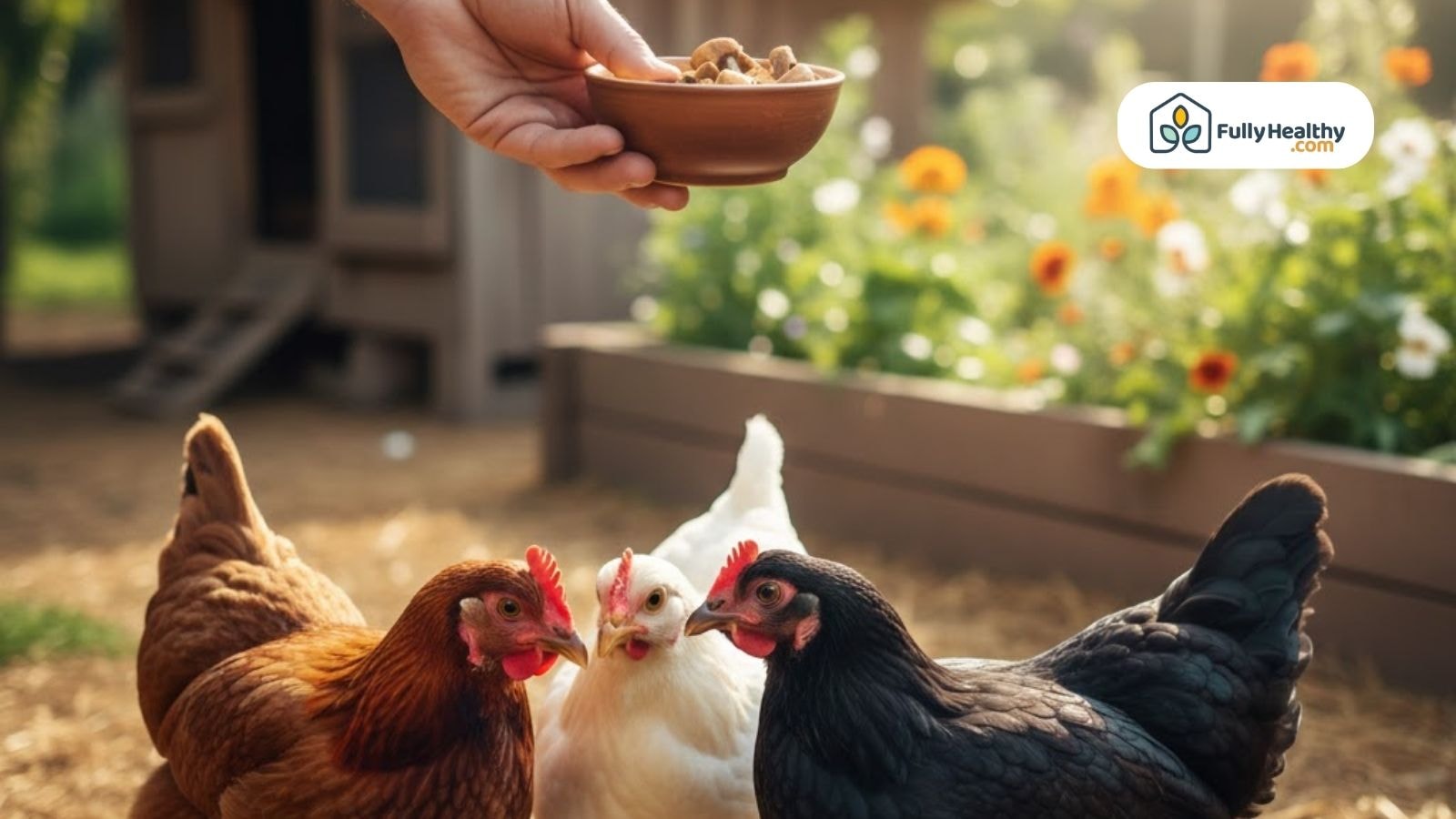 Hand feeding backyard chickens with mushrooms in garden environment