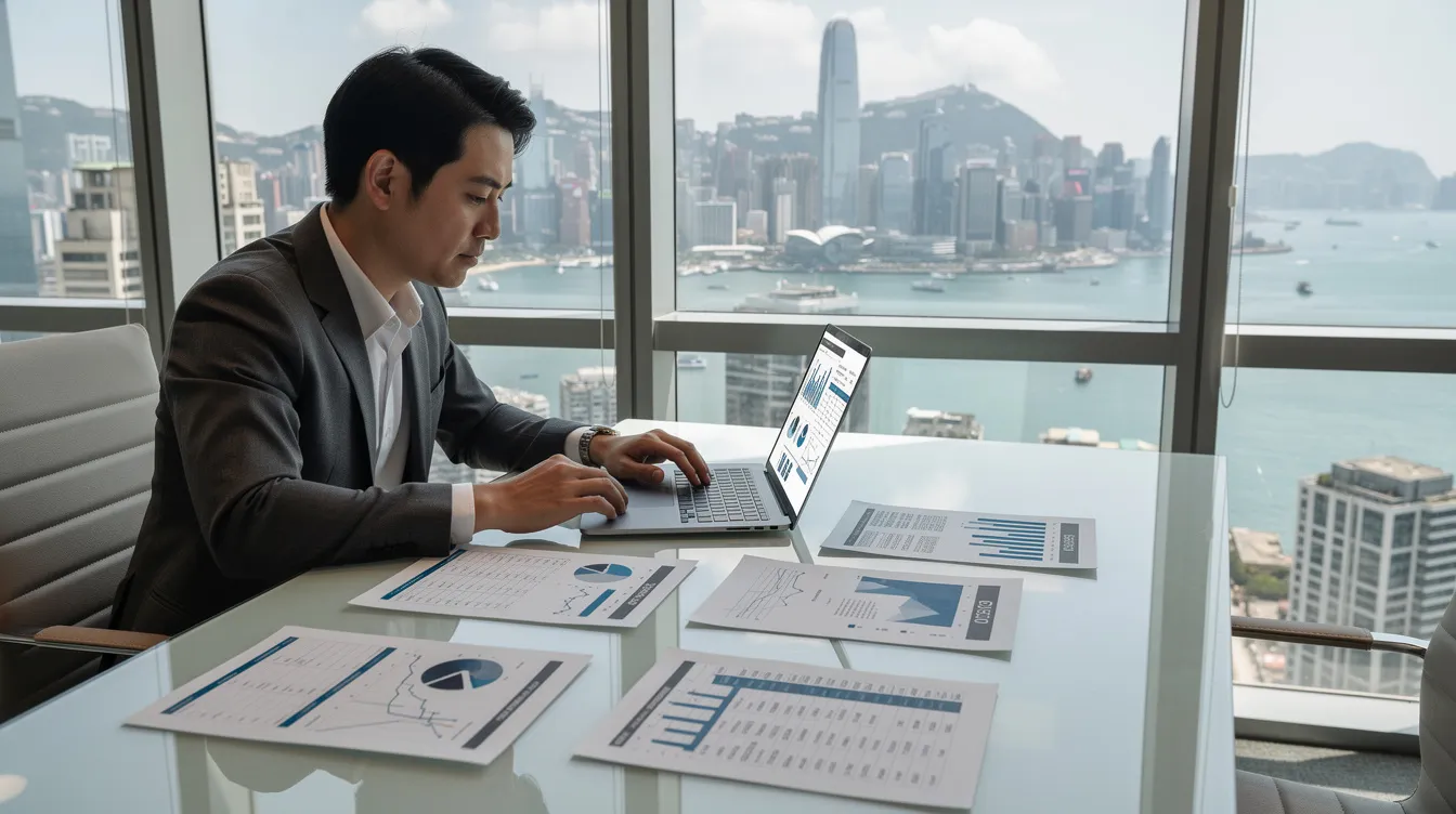 A professional person is seated at a modern office desk, intently reviewing financial documents on a laptop, with the stunning Hong Kong skyline visible through the large window. This scene reflects the environment where 公務員 貸款 and low-interest loan applications are often processed, highlighting the importance of understanding terms and conditions in financial matters.