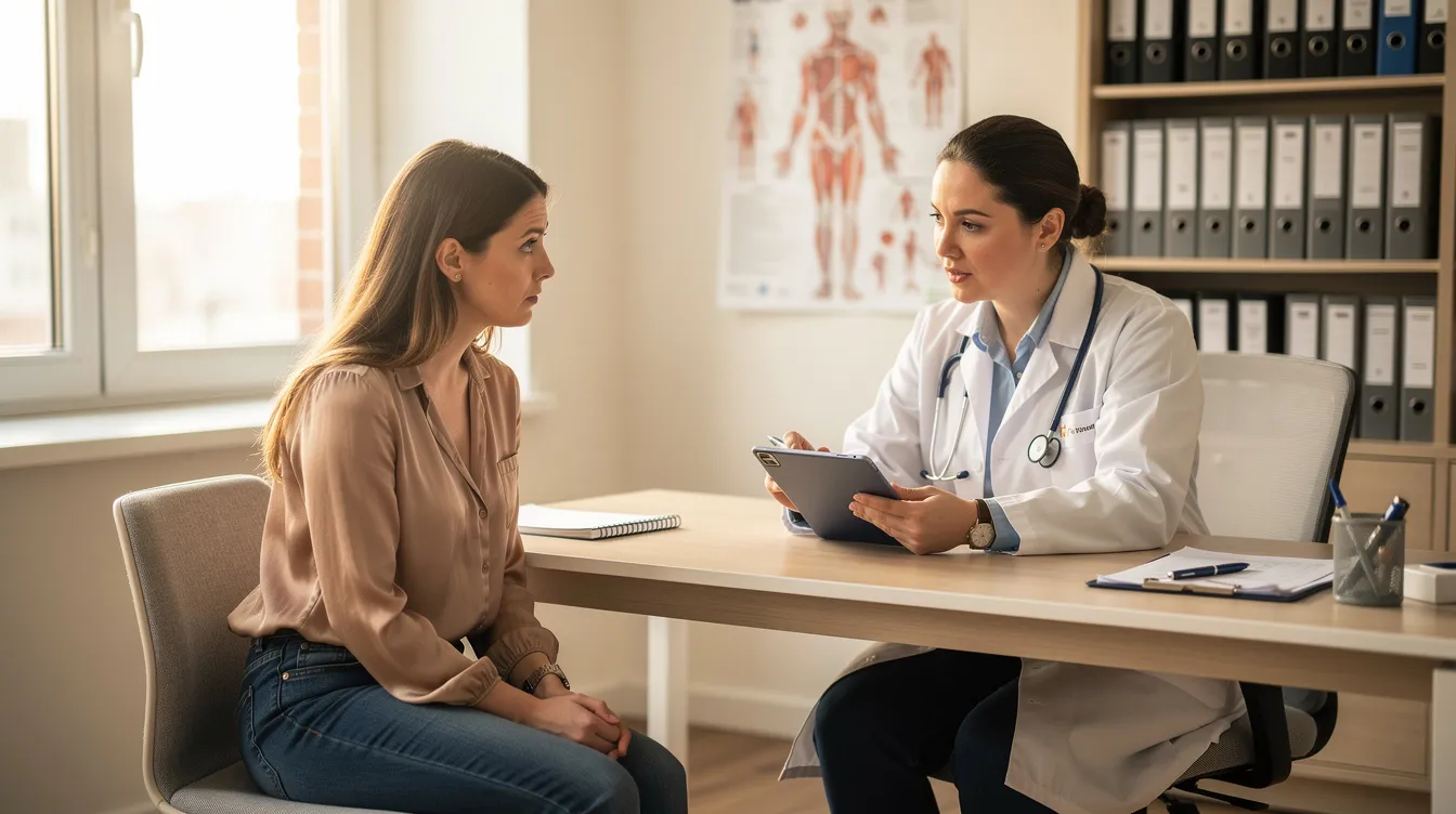 The image depicts a consultation between a female patient and a board certified plastic surgeon in a medical office, where they discuss options for breast implant removal and lift. The doctor is likely explaining the surgical plan, addressing concerns about breast appearance, recovery time, and potential complications related to breast implants.