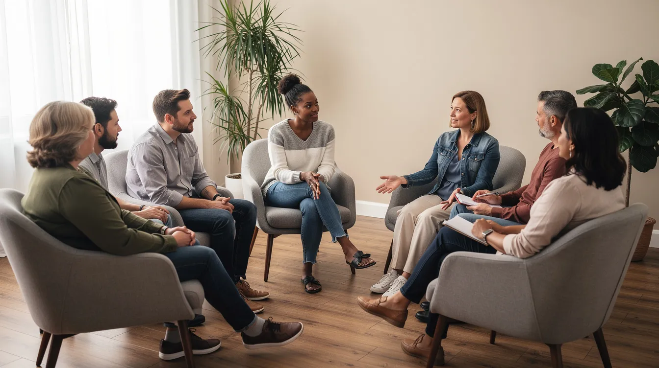 A diverse group of individuals sits in a circle during a therapy session, engaging in group therapy as part of their addiction treatment program. This setting fosters community support and encourages open discussions about recovery and maintaining sobriety.
