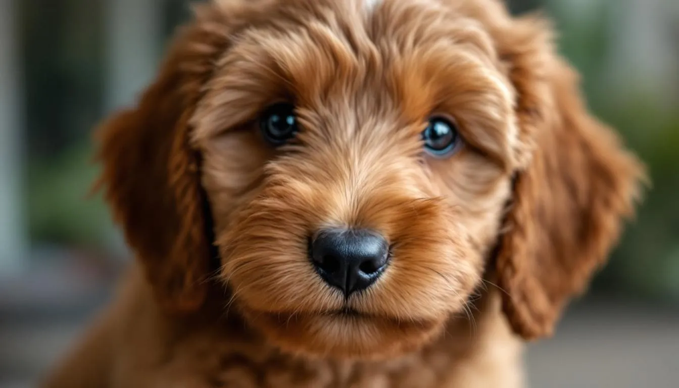 A close-up of a red Goldendoodle puppy