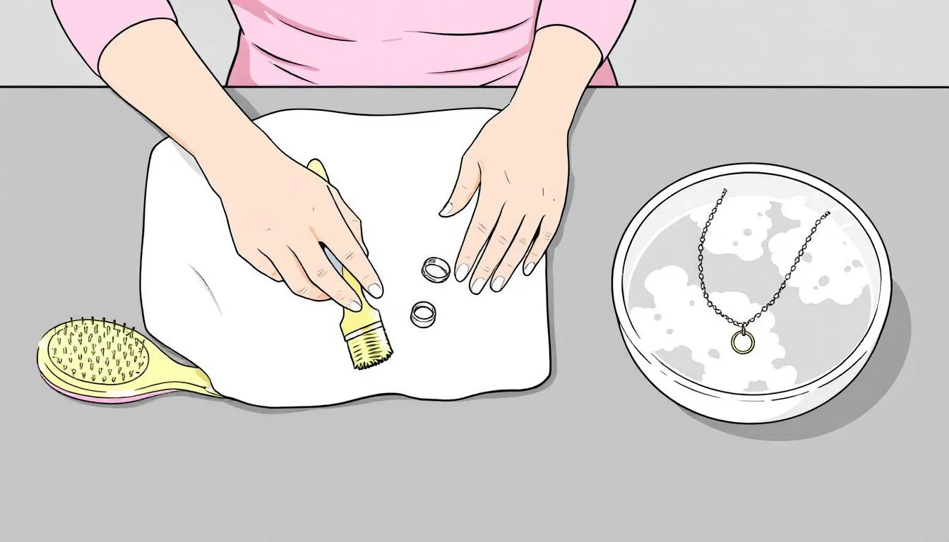 The image depicts a step-by-step guide for cleaning tarnished silver jewellery, featuring various cleaning supplies like a soft cloth, baking soda, and bowls of warm water. The visual emphasizes the importance of regular cleaning and proper storage to maintain the shine and prevent tarnish on sterling silver jewellery.