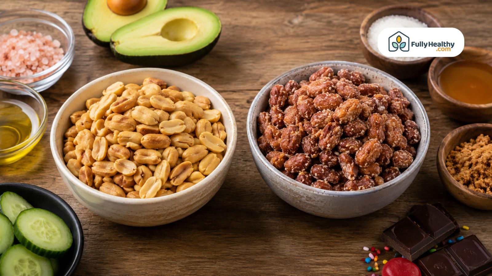 Plain peanuts compared with sugar-coated peanuts beside keto ingredients and sweet snacks