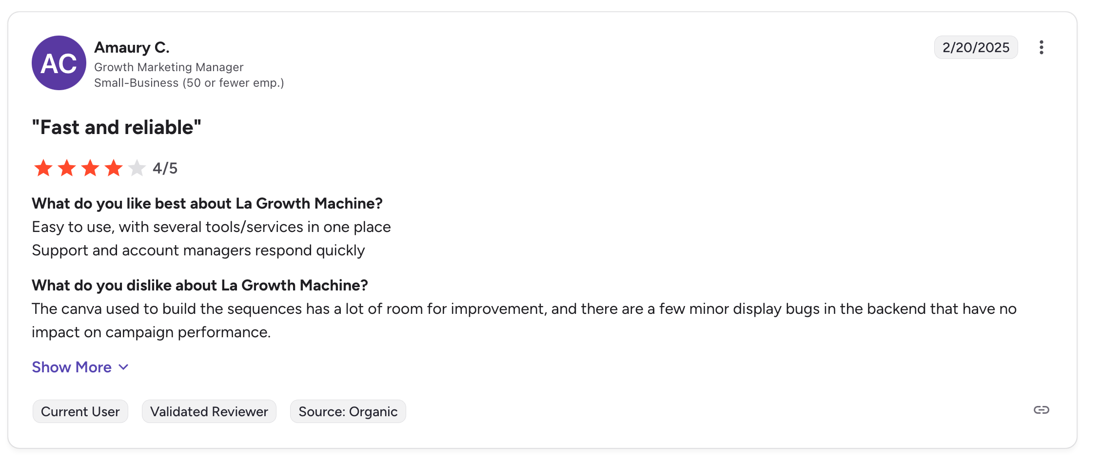 La Growth Machine G2 review screenshot