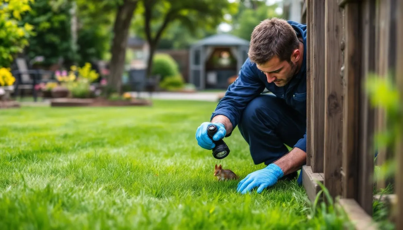 A professional wildlife removal technician assessing a property for wildlife issues.