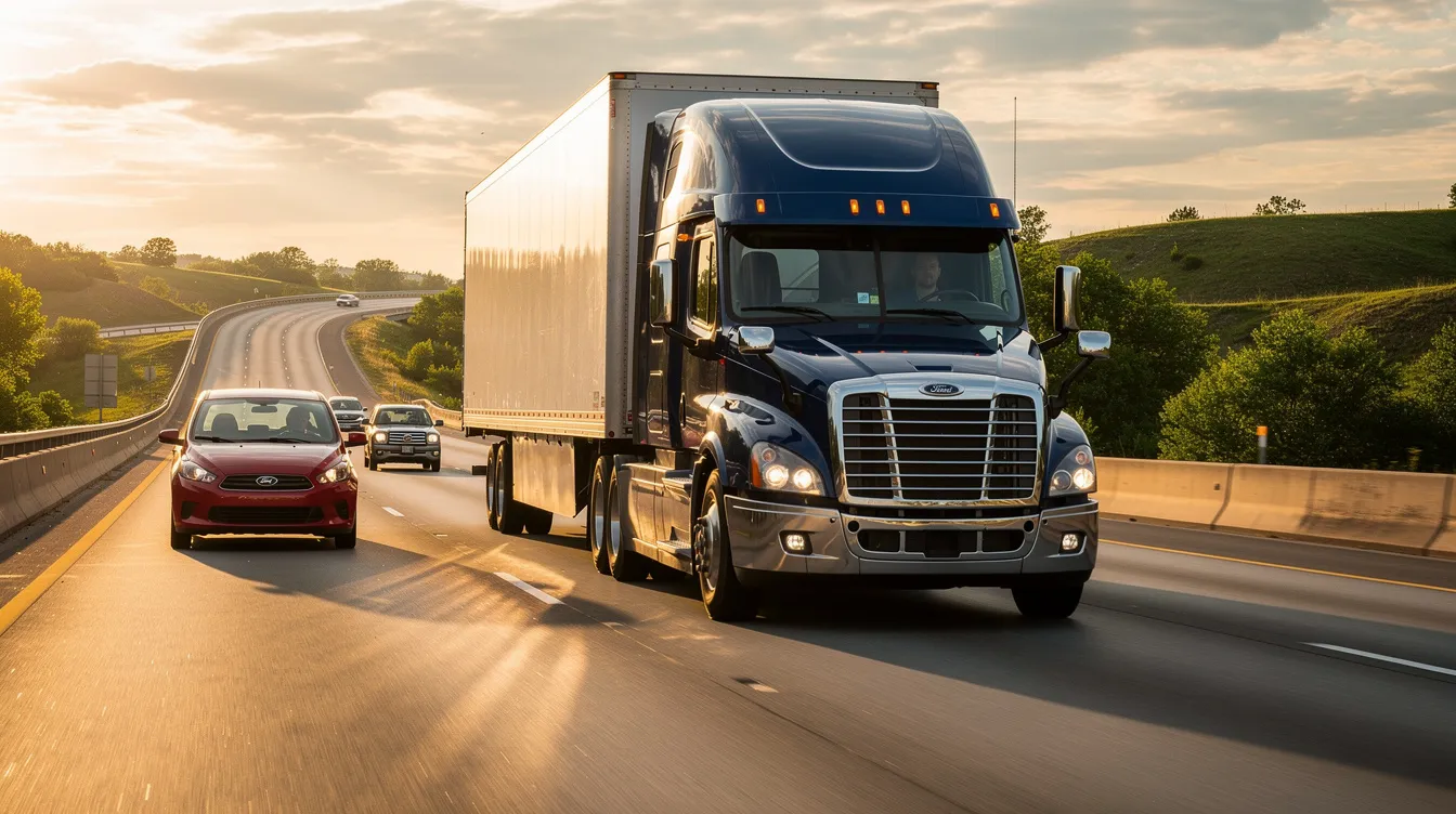 The image shows a large semi truck traveling on a highway, surrounded by several passenger vehicles. This scene captures the typical environment of commercial vehicle accidents, highlighting the presence of trucks and the potential for truck accident claims involving serious injuries and medical expenses.