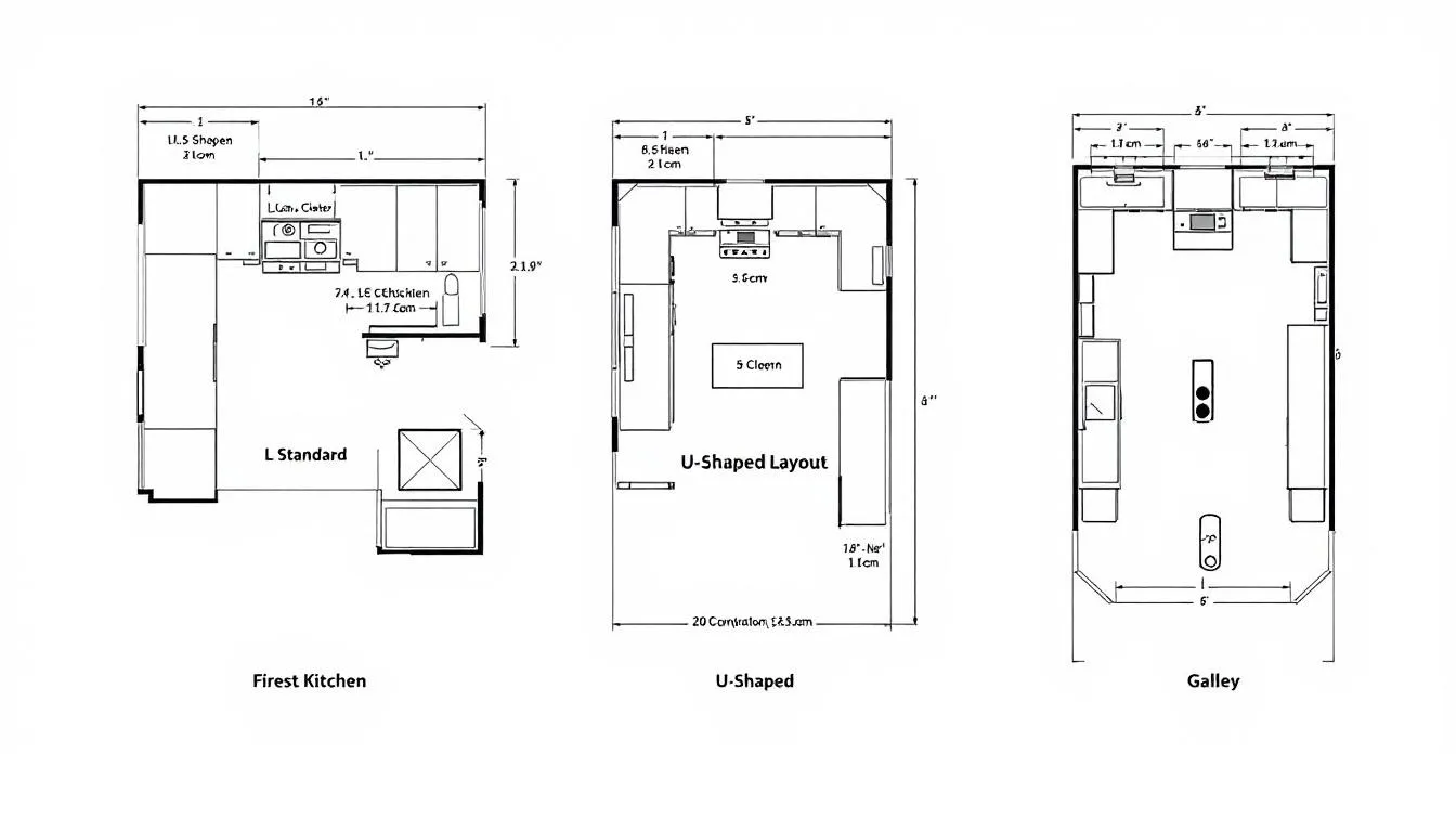 The image features various kitchen layout diagrams, illustrating different configurations such as galley and L-shaped designs, ideal for kitchen remodeling projects. Each diagram showcases how to maximize space with custom cabinets, counter space, and efficient appliance placement, providing inspiration for homeowners planning a successful kitchen remodel.