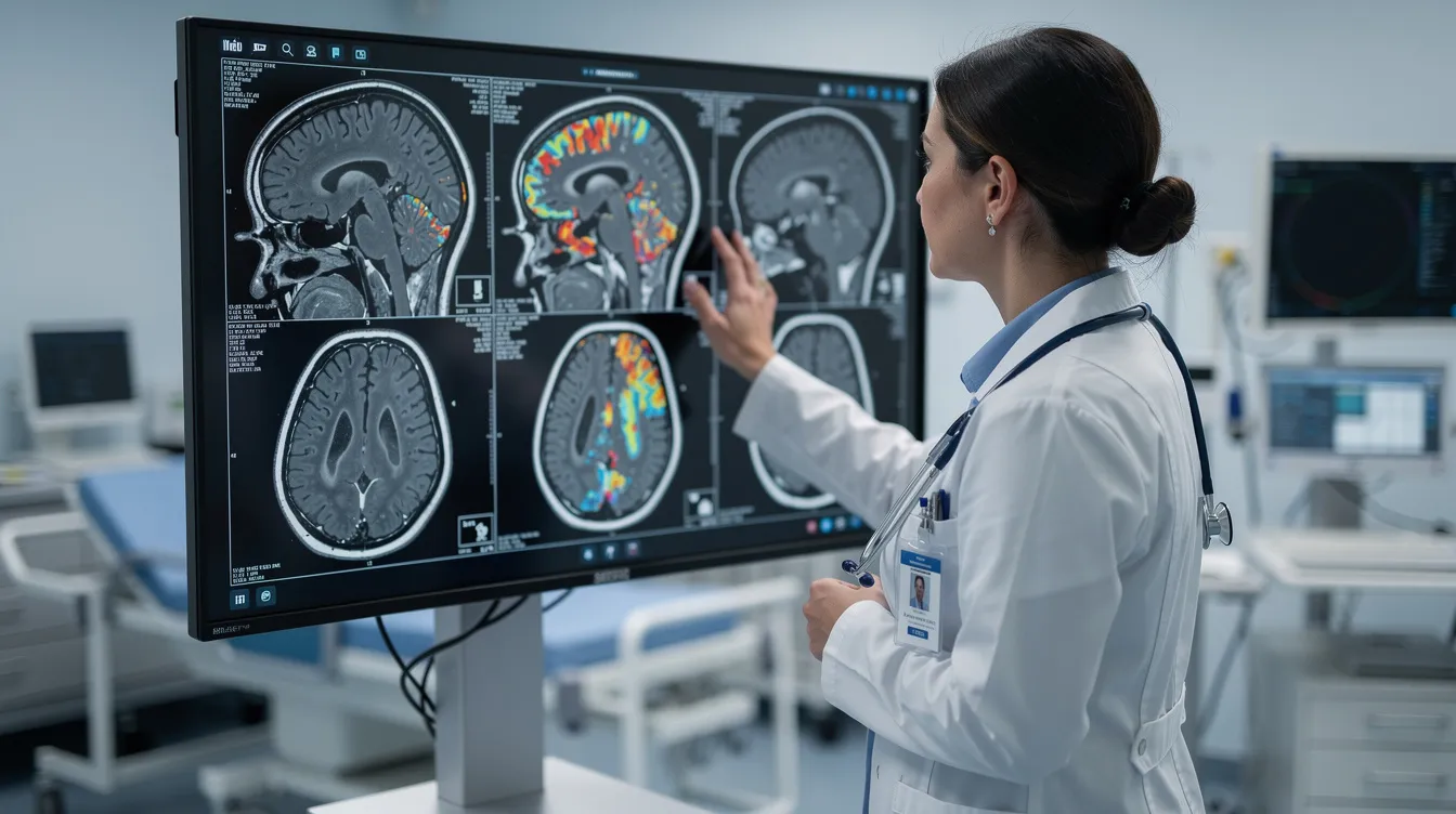 A medical professional is intently examining brain scan images displayed on a monitor, likely assessing for neurological disorders such as epilepsy or traumatic brain injury. This image underscores the importance of medical evidence in the application process for social security disability benefits.