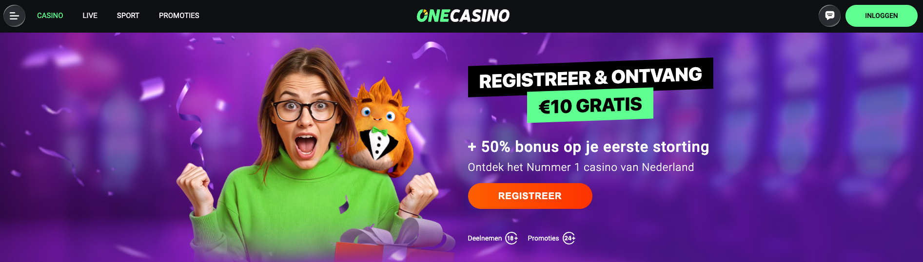 OneCasino welkomstbonus met €10 gratis en 50% storting bonus – casino bonus zonder storting en extra storting bonussen voor nieuwe spelers bij legaal Nederlands online casino.