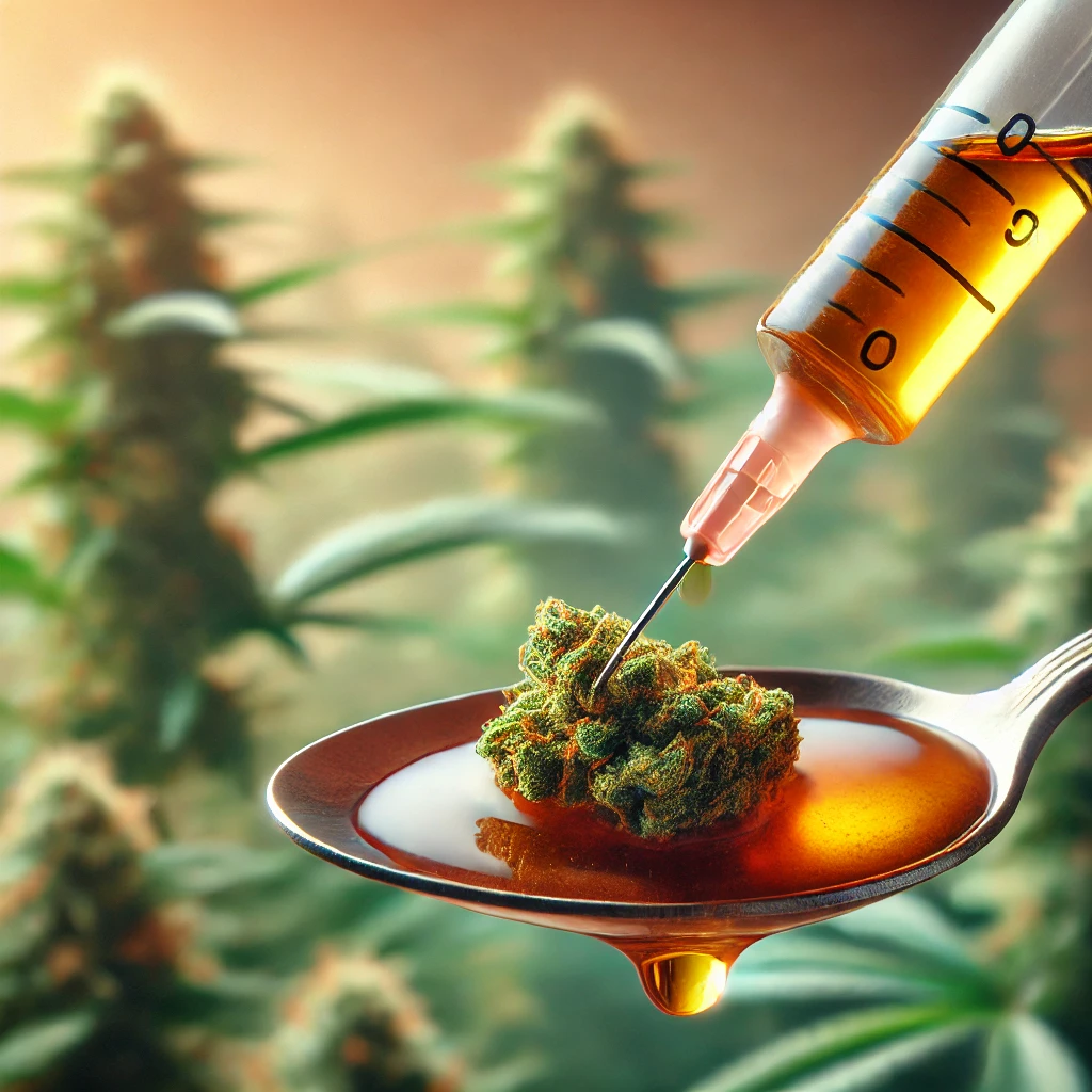 Close-up of Phoenix Tears cannabis oil dripping from a syringe onto a spoon, showcasing its thick, golden-brown texture with cannabis plants softly blurred in the background.