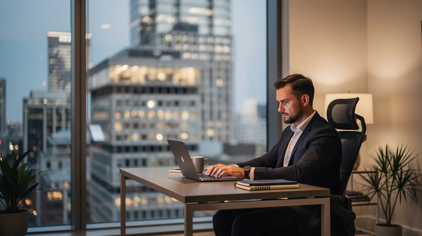 A professional is seated at a sleek laptop in a modern home office, with a vibrant city skyline visible through the large window. This setting exemplifies the nearshore staffing advantage, allowing companies to hire nearshore talent for real-time collaboration while enjoying cost savings and access to skilled professionals.