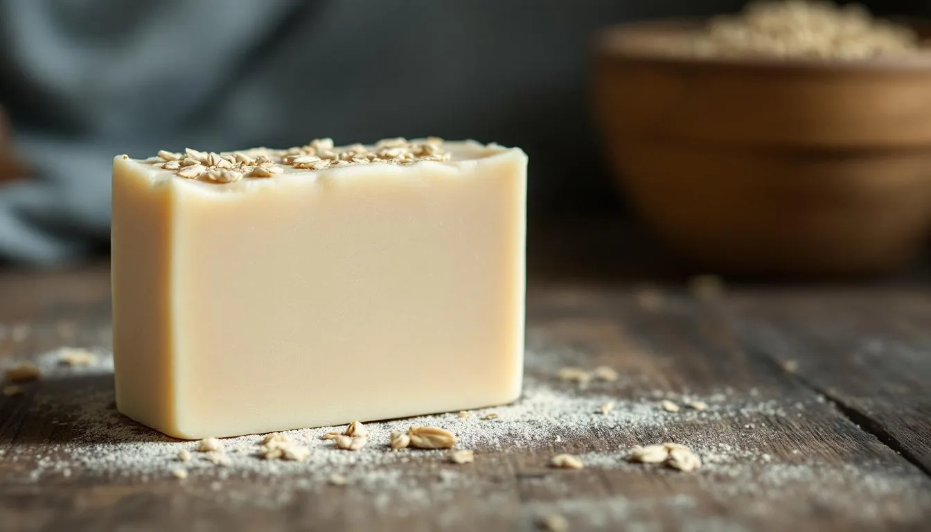 A soothing bar of oatmeal milk soap resting on a wooden surface.