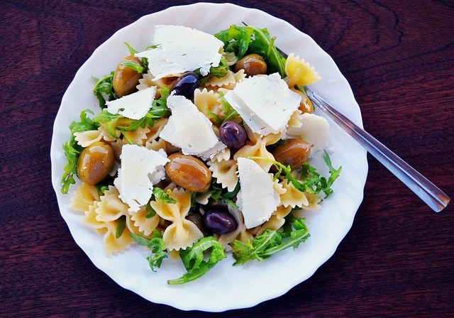 pasta salad, olives, feta cheese