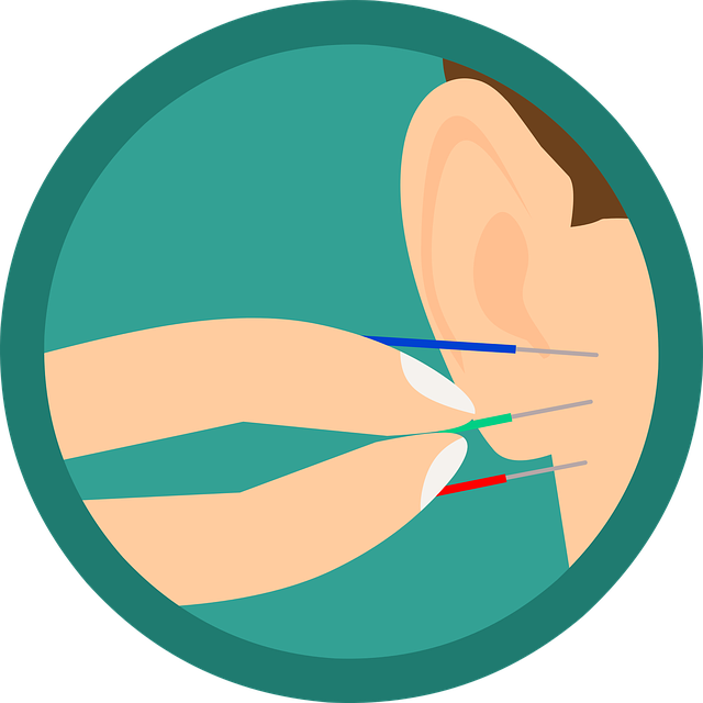 A cartoon image of acupuncture needles being inserted beside a person's ear. 