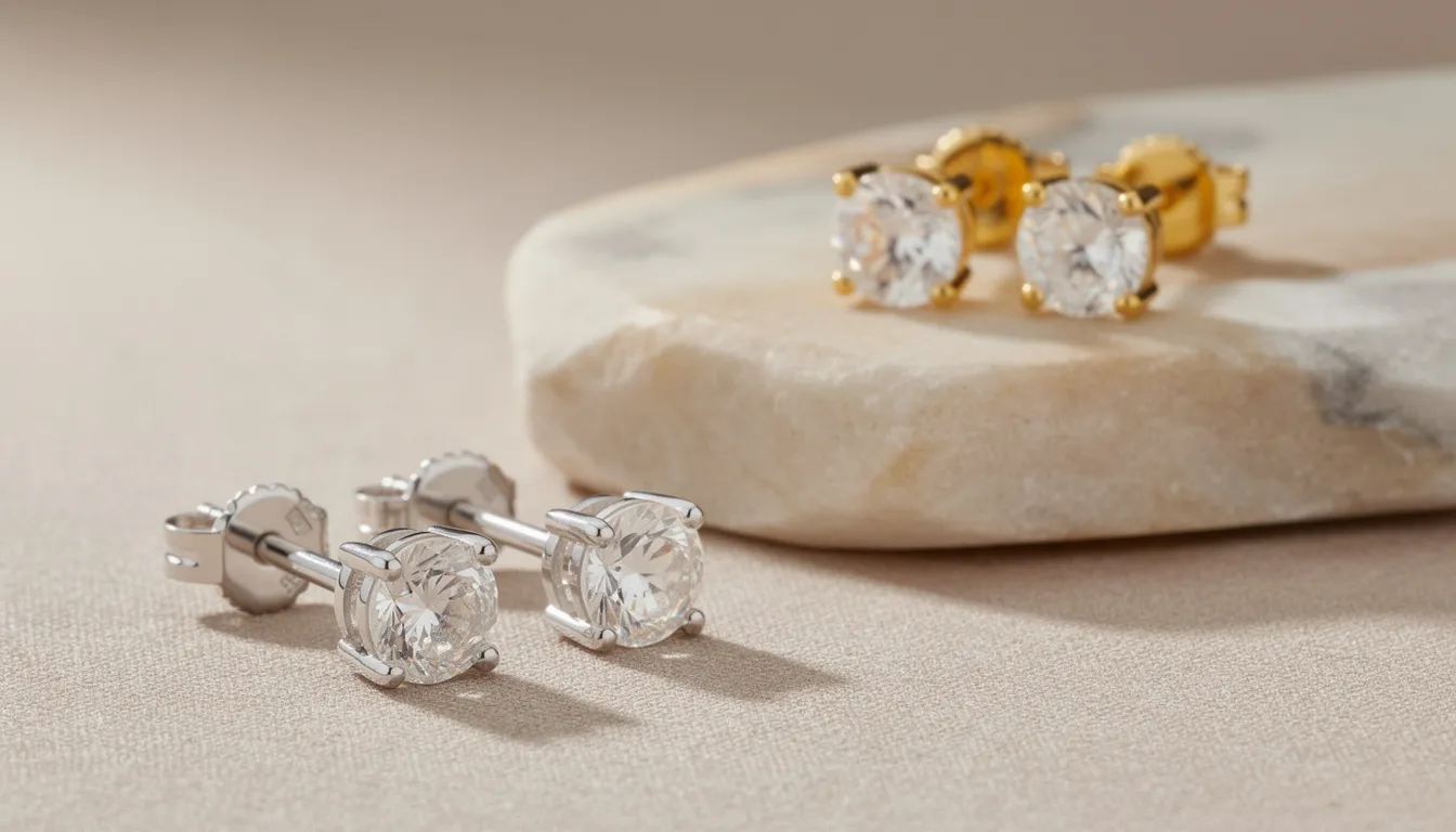 The image showcases a selection of earrings, featuring both sterling silver stud earrings and luxurious gold tone options adorned with sparkling cubic zirconia stones. This diverse jewellery collection highlights the timeless appeal of silver and the elegant finish of gold, perfect for enhancing any outfit.