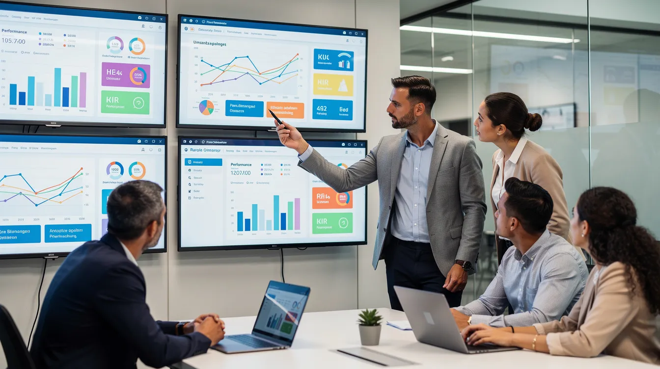 Das Bild zeigt ein Team von Fachleuten, die gemeinsam auf Bildschirme mit verschiedenen Daten und Diagrammen schauen, um Einblicke in ihre SEO-Strategien und Content-Marketing-Planungen zu erhalten. Die Atmosphäre ist kooperativ, während sie über die Sichtbarkeit ihrer Website und die Analyse von Keywords diskutieren.