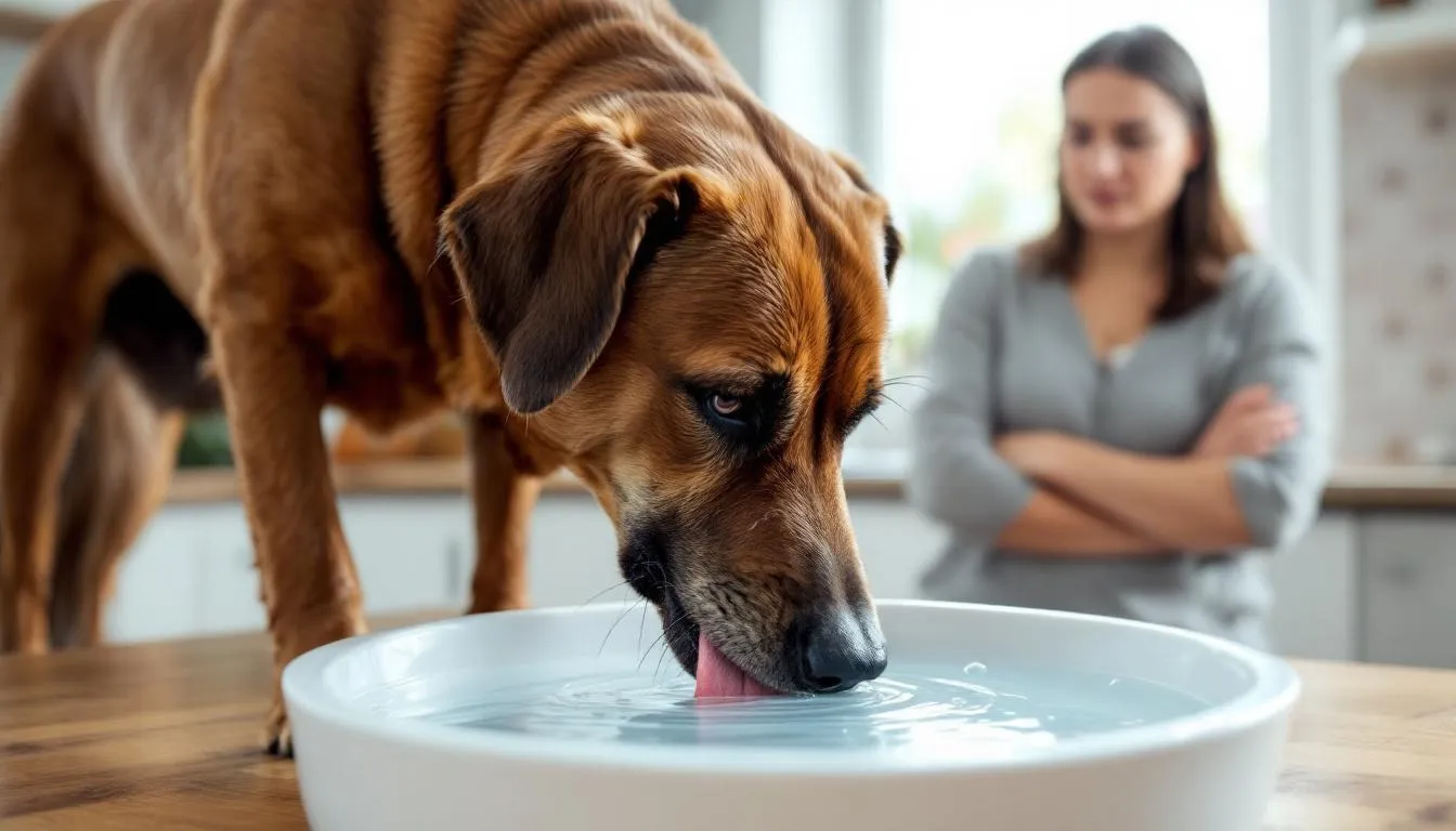 A concerned owner watches as their dog excessively drinks from a water bowl, a potential sign of kidney disease or chronic kidney failure in dogs. This behavior may indicate underlying health issues, such as impaired kidney function or increased thirst, which should be evaluated by a veterinarian.