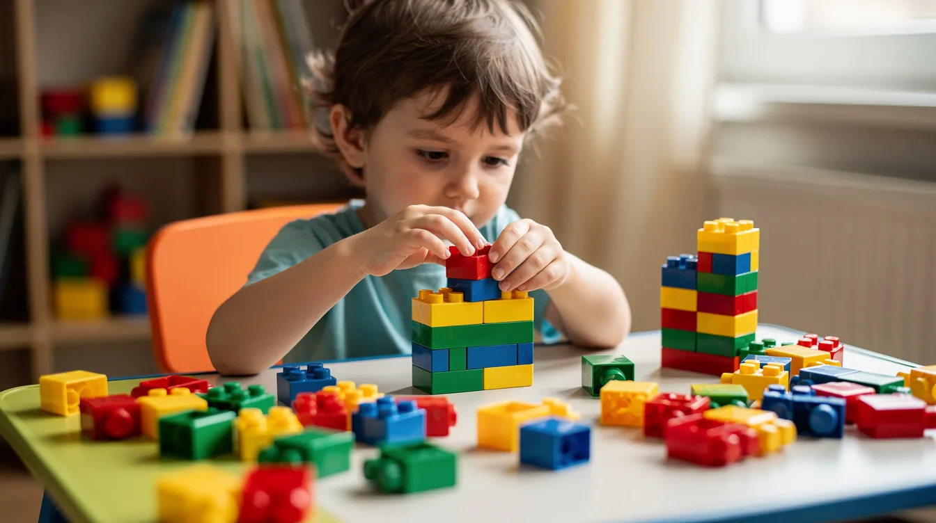 A child sits at a vibrant, colourful desk, intently focused on interlocking building bricks, with loose pieces scattered around. This play-based activity supports early childhood development, enhancing fine motor skills and cognitive foundations, while also helping the child manage impulses and sustain attention.