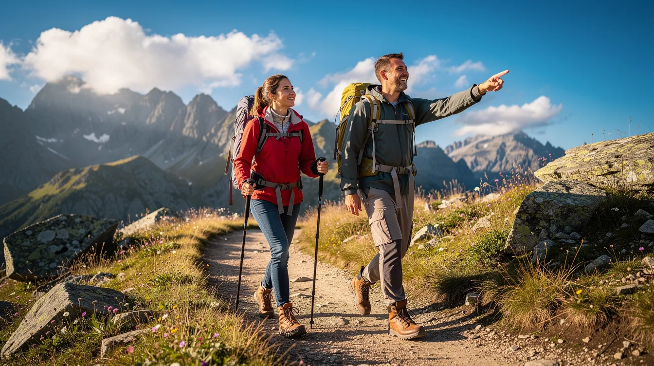 A couple is hiking together on a mountain trail during the daytime, enjoying the beauty of nature and each other's company. Their physical closeness and emotional connection highlight the intimacy in their romantic relationship as they share this adventurous moment.