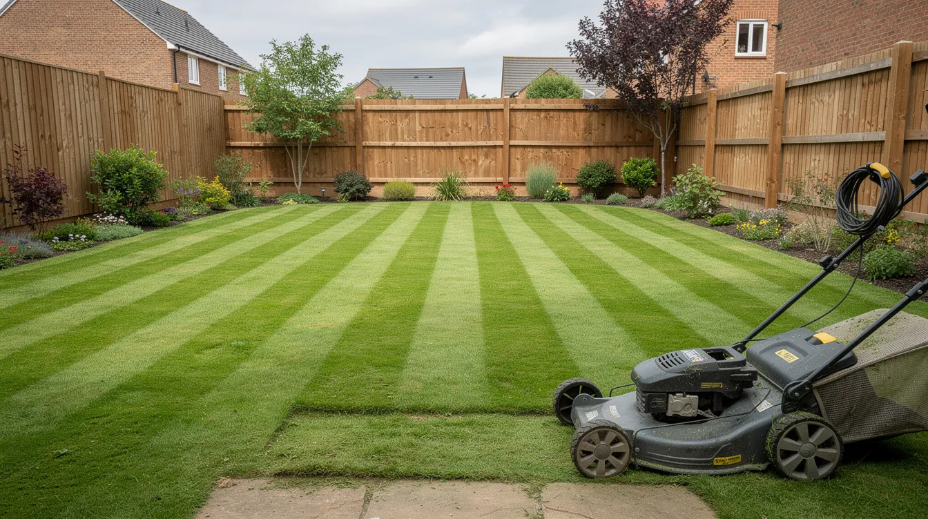 The image depicts a vibrant, healthy green striped lawn in a typical UK back garden, showcasing smooth stalked meadow grass. A lawn mower is positioned at the edge, suggesting ongoing lawn maintenance for this perfect lawn.