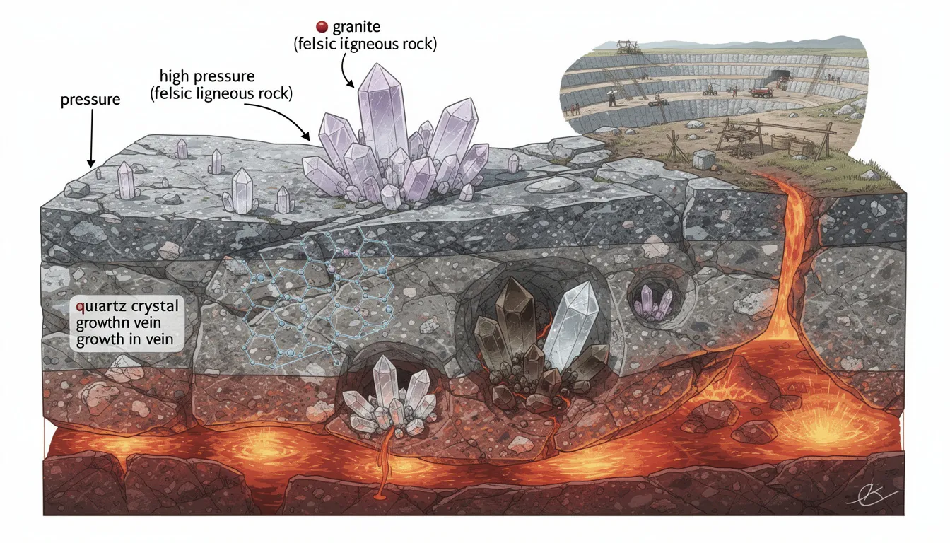 The image illustrates the fascinating geological process of natural quartz crystal formation deep within the Earth's crust, showcasing various types of quartz, including clear quartz and amethyst. It highlights the diverse shapes and sizes of these crystals, which can range from small, colourless specimens to large, richly coloured clusters, formed under high pressure and heat in the presence of minerals and fluids.