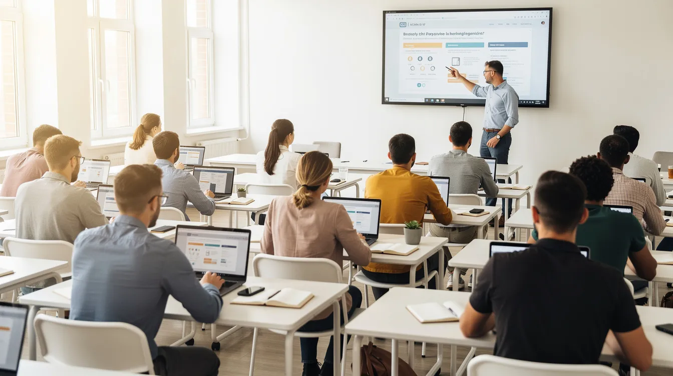 The image shows students seated at desks in a bright classroom, focused on their laptops during a training session on medical coding. They are likely learning about medical terminology and the coding process essential for accurate billing and documentation in the healthcare industry.