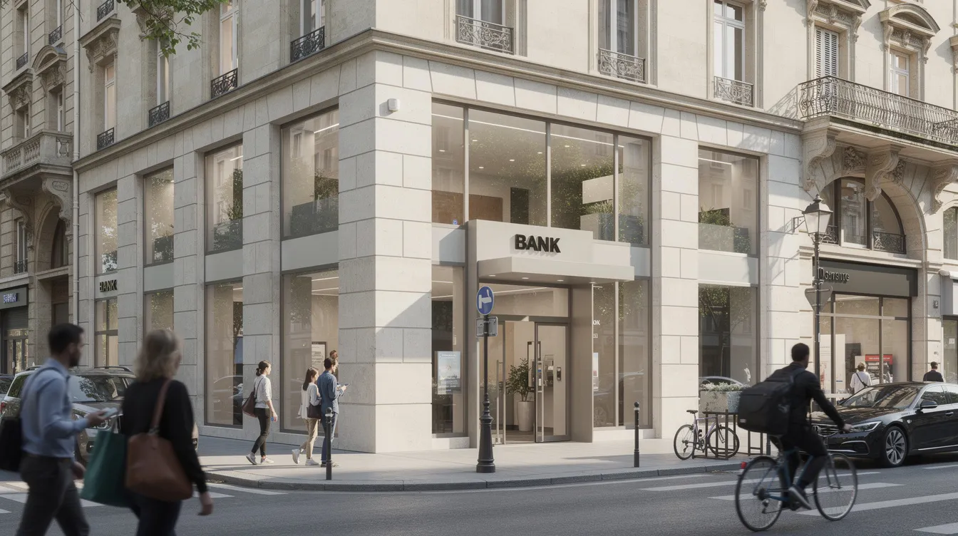 The image depicts a modern European bank branch situated on a bustling city street, with people walking by, showcasing the bank's role in the retail banking sector. This contemporary building represents the best bank in Slovakia, offering a comprehensive range of banking services to both personal and business accounts.