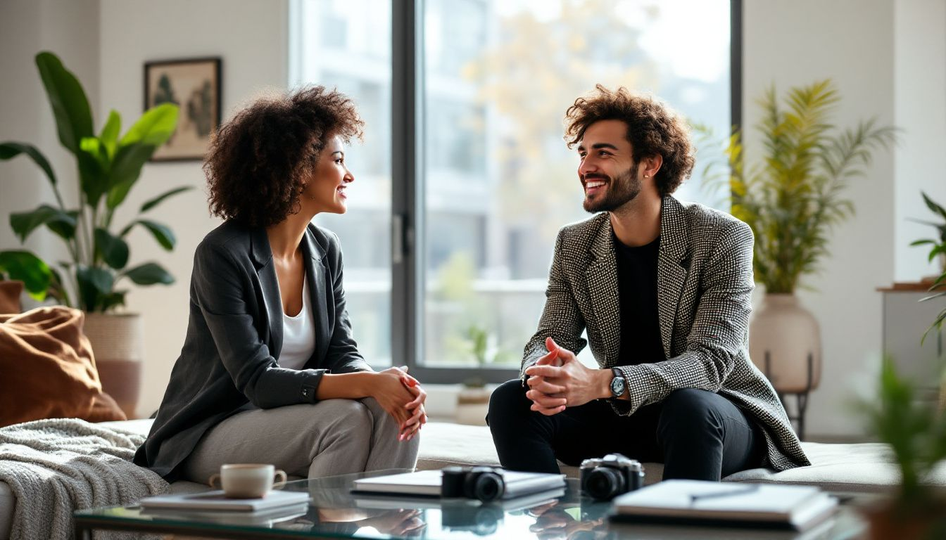 A photographer discussing details with a client before a photoshoot.