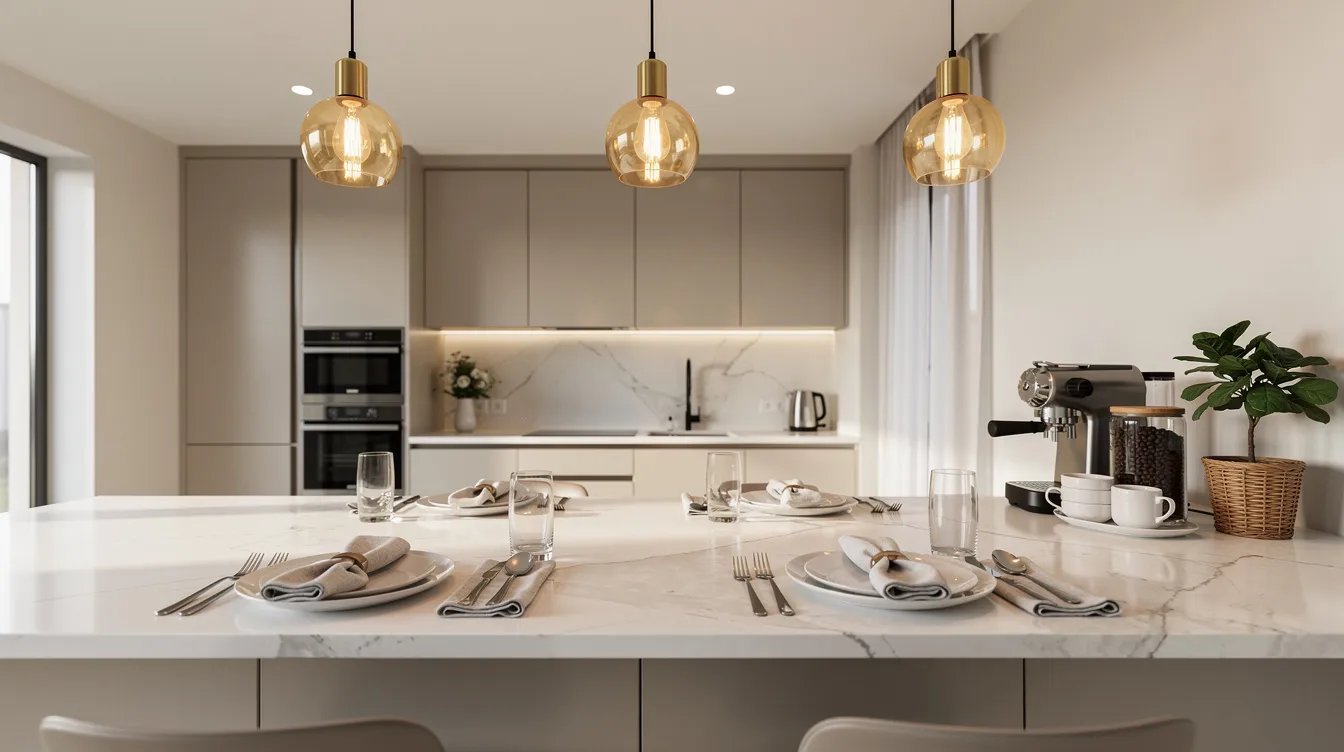 The image showcases a modern interior kitchen staged for optimal appeal, featuring a clean island, a simple table setting for four, and warm pendant lighting. A charming coffee station vignette sits on the counter, highlighting the home staging services available in the greater Sacramento area.