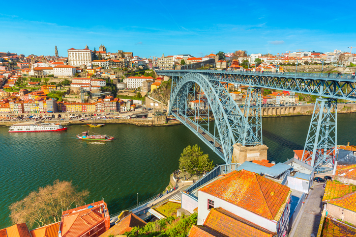 Cityscape of Porto. View of the Dom Luis I Bridge and the River Douro. 