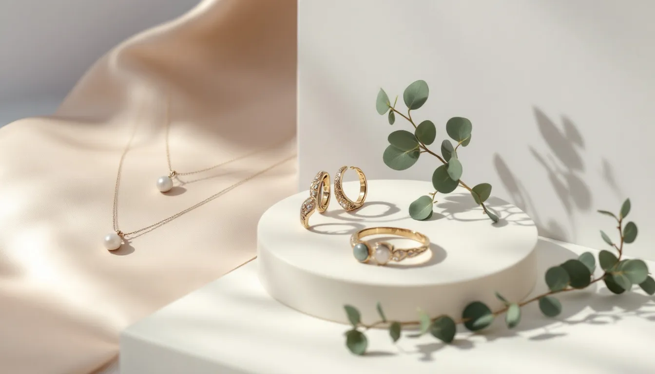 A beautiful array of sterling silver and gold jewelry pieces, showcasing sustainable options.