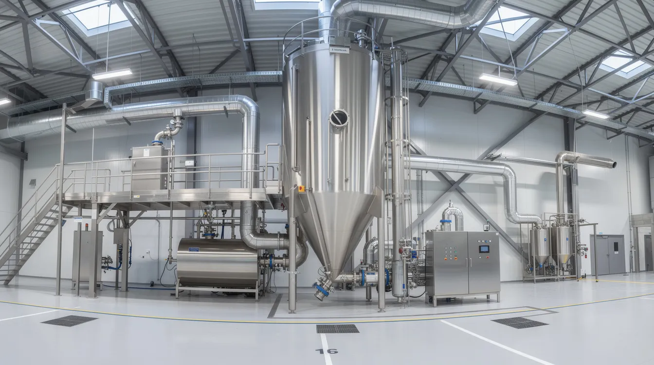 The image shows industrial spray dryer equipment within a spacious stainless-steel processing hall, designed for the milk powder manufacturing plant. This setup is crucial for the efficient production of various milk powder products, including skimmed milk powder and whole milk powder, highlighting the advanced technology used in the dairy processing industry.