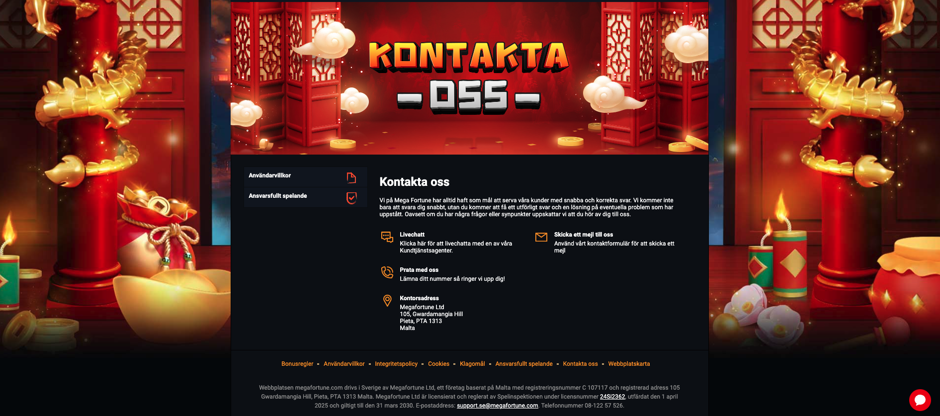 Mega Fortune support med livechatt, e-post och telefonsupport