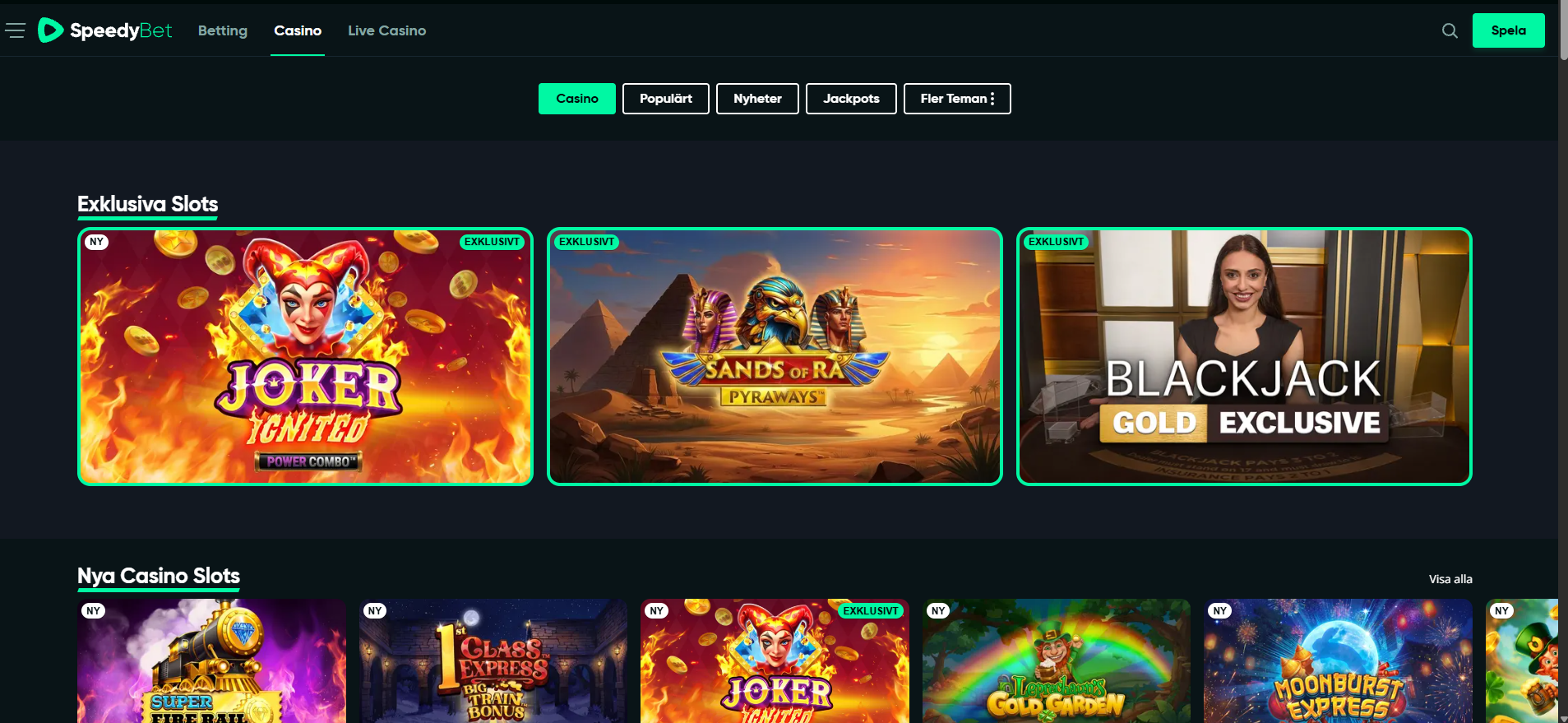 SpeedyBets casinosida med exklusiva slots och nya casinospel.