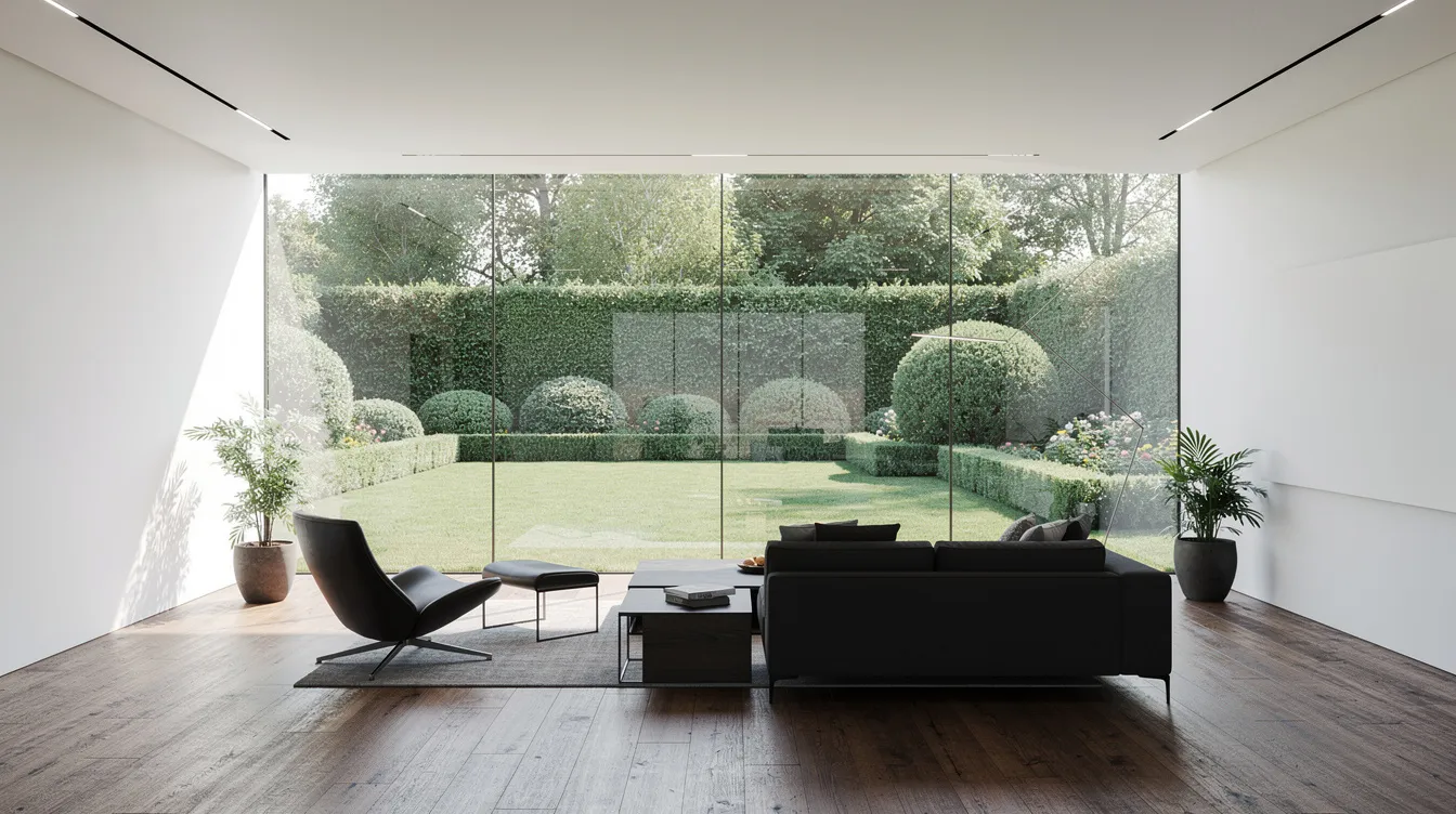 Das Bild zeigt ein modernes, minimalistisches Wohnzimmer mit einer großen Glasfront, die einen Blick auf einen gepflegten Garten bietet. Helles Tageslicht strömt in den Raum, der mit dunklen Designermöbeln auf einem Holzboden ausgestattet ist, was eine elegante und stilvolle Atmosphäre schafft.