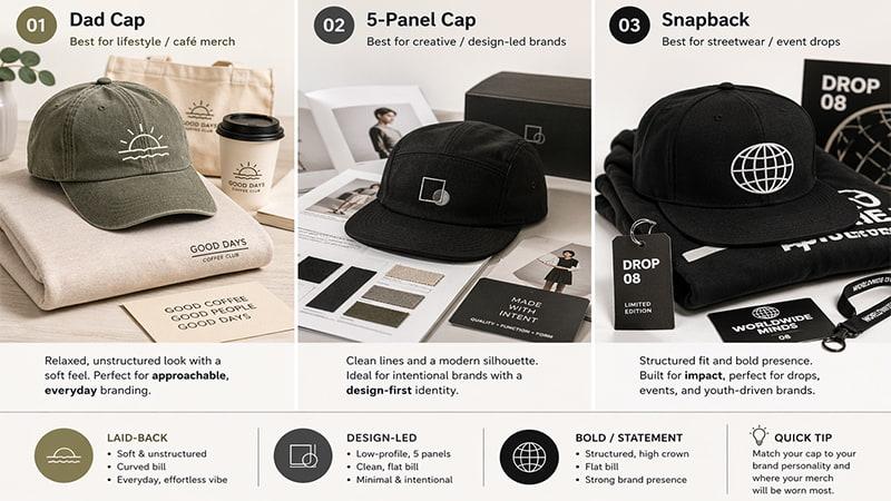Comparison of dad cap, 5-panel cap, and snapback styles for casual merch, creative branding, and streetwear