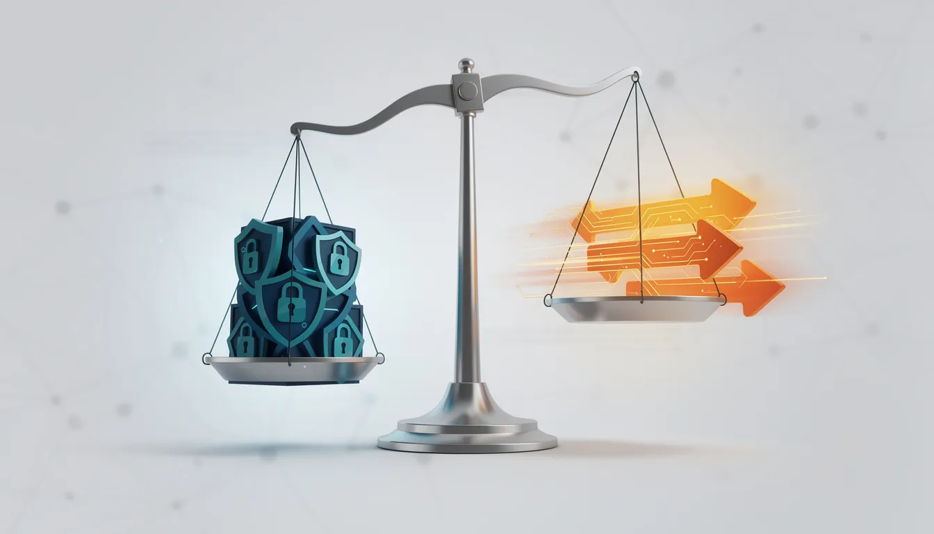 The image depicts an abstract balance scale, with one side representing security concepts like VPN protection and encryption processes, while the other side symbolizes speed and efficiency in internet connections. This visual metaphor illustrates the trade-off between secure access to private networks and the need for rapid data transmission, relevant for users on public Wi-Fi or remote access VPNs.