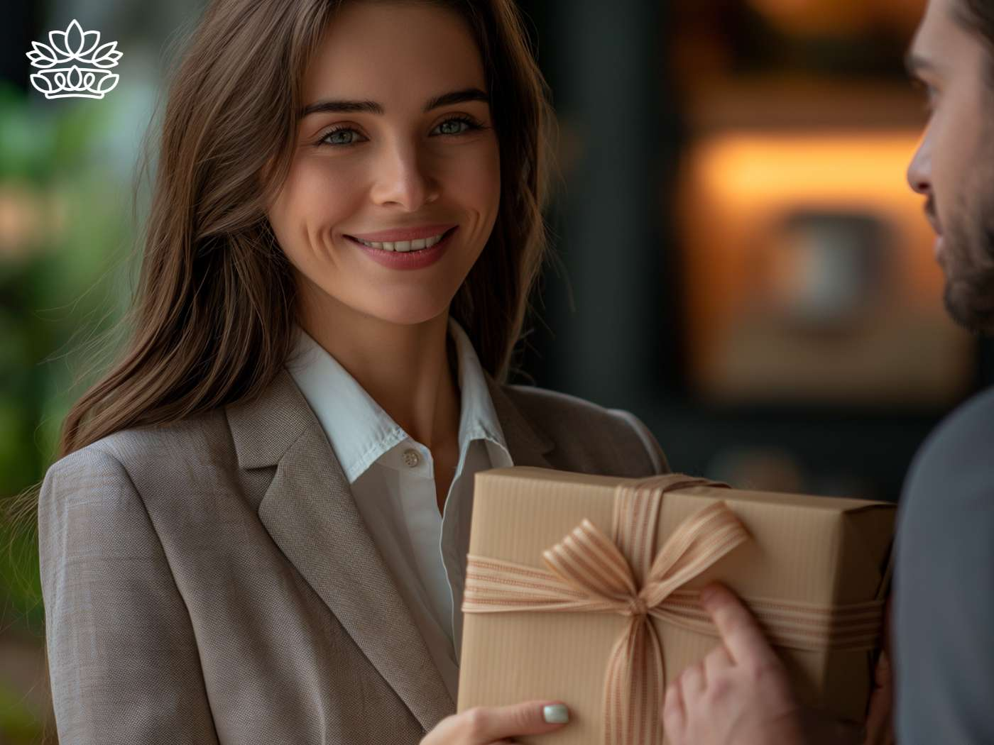 A woman with a warm smile receiving a tastefully wrapped gift box, a moment of thoughtful giving at Fabulous Flowers and Gifts and corporate gifting.