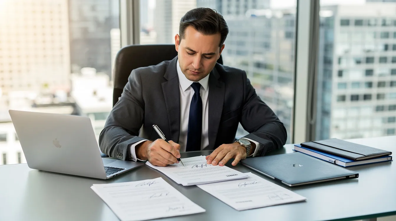 An experienced startup attorney and a founder are seated at a table, reviewing signed documents related to corporate governance and shareholder agreements. They are focused on ensuring legal protections for their startup, discussing aspects of intellectual property and equity ownership to support the long-term success of their emerging growth company.