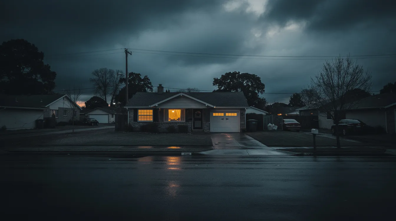 Das Bild zeigt ein vorstädtisches Einfamilienhaus in der Abenddämmerung, dessen warme Lichter in den Fenstern eine einladende Stimmung erzeugen, während die leere Straße und der dunkle Himmel eine bedrohliche Atmosphäre schaffen. Diese Szene könnte gut in einem Film von den Coen Brüdern, wie "Fargo", dargestellt werden, wo das Chaos und die Absurditäten des Lebens thematisiert werden.